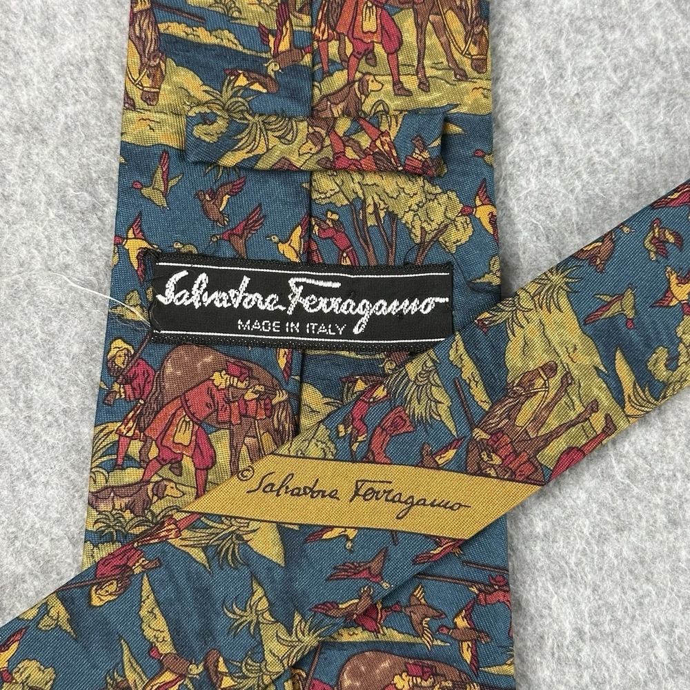 Vintage Ferragamo Silk Tie Horse Rider Hunting Birds Italy Blue 58x3.5" - Picture 3 of 6